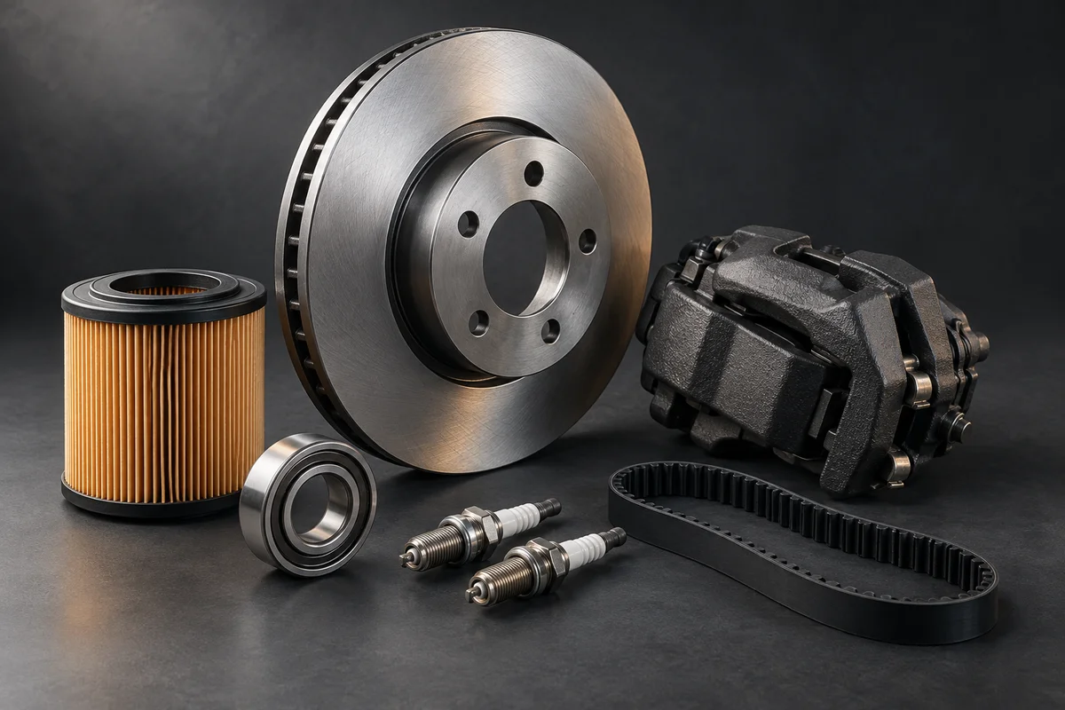 Illustrative selection of auto parts: a brake disc, caliper, filter, bearing, spark plugs and timing belt.